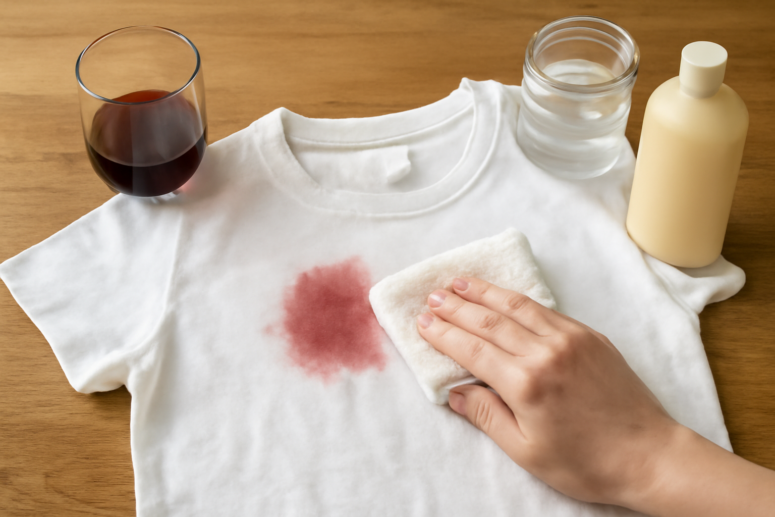 How to Remove Red Wine from a White Cotton T-Shirt: Fresh and Dried Stain Steps illustration