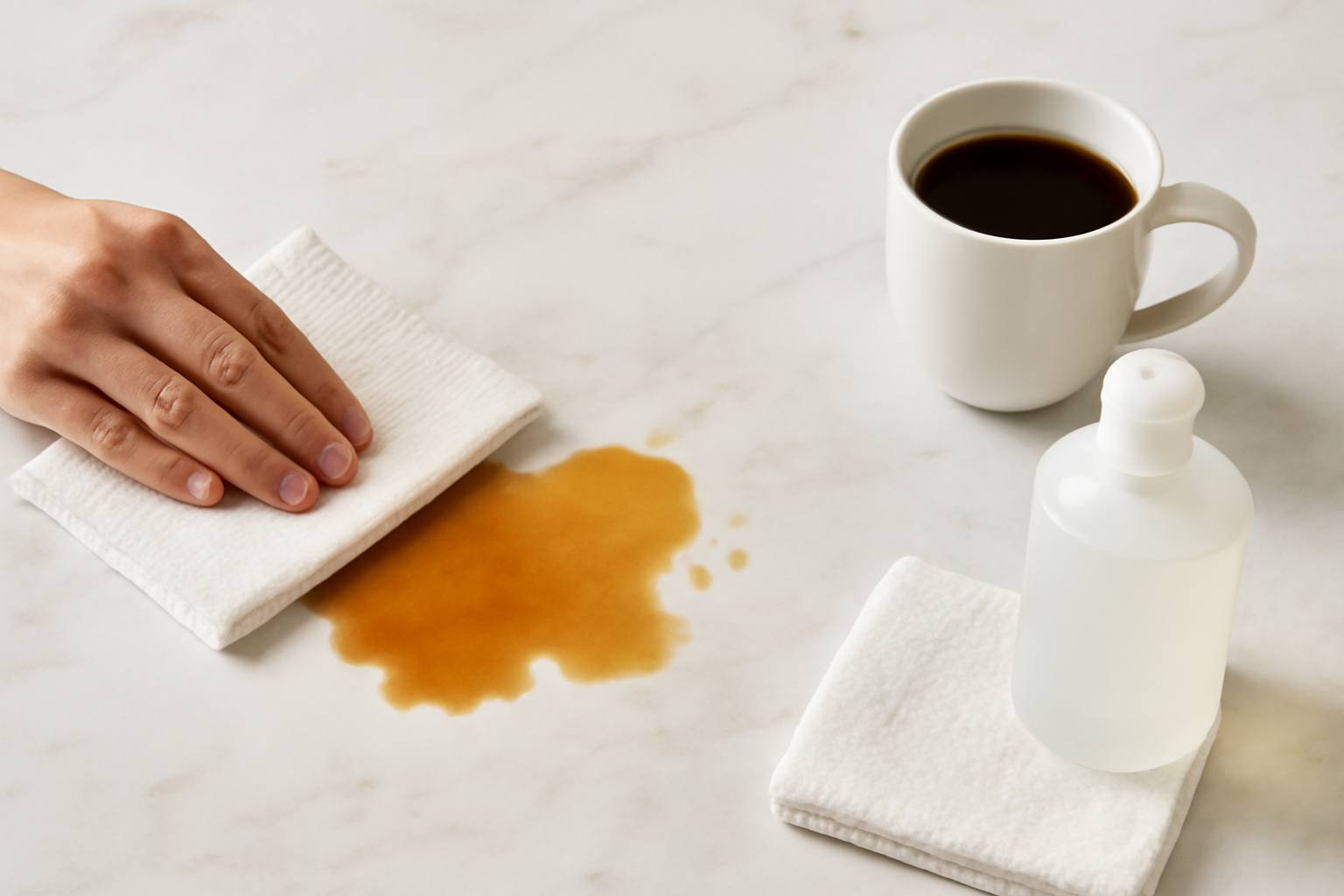 Imagem editorial: Mancha de café no mármore branco: primeiros socorros, passo a passo e cuidados essenciais