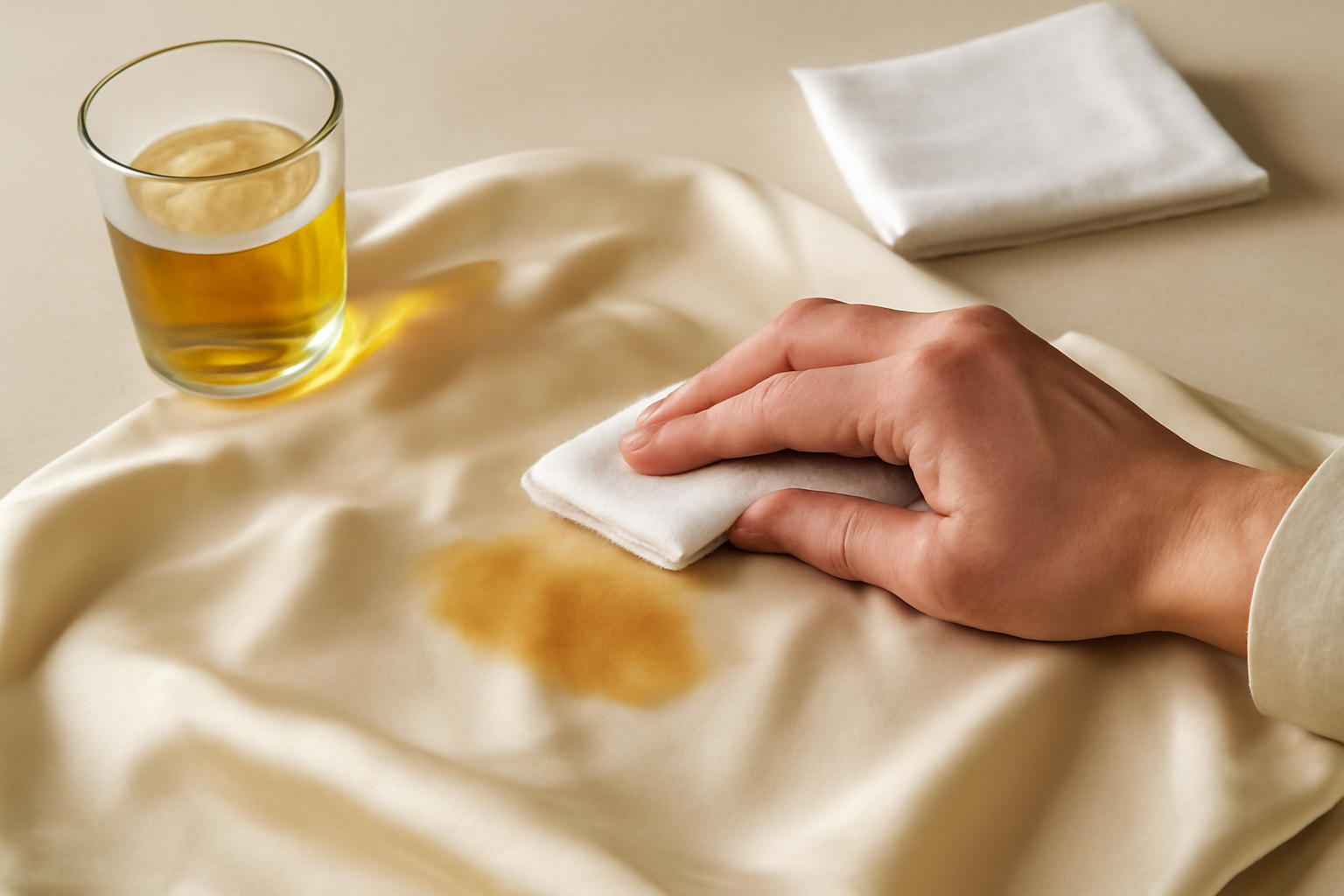 Imagem editorial: Como tirar mancha de cerveja de seda: guia prático para manchas frescas e secas