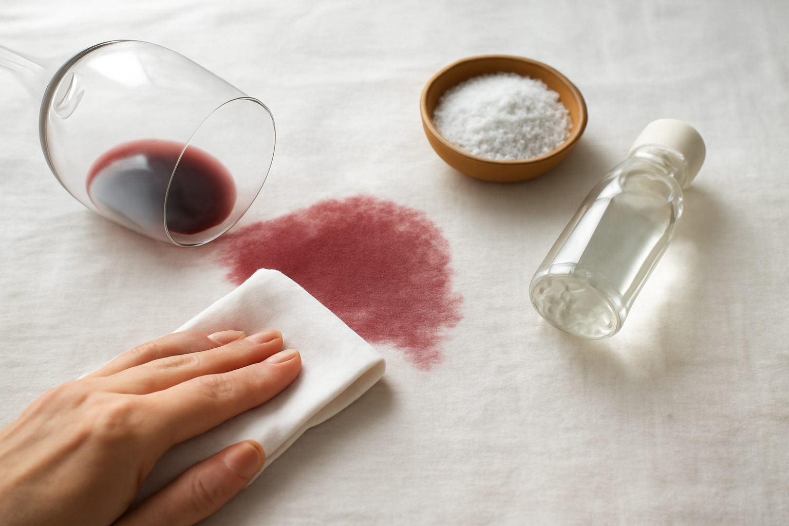 Imagem editorial: Mancha de vinho tinto no linho: primeiros socorros, passo a passo para manchas frescas e secas e cuidados com a fibra