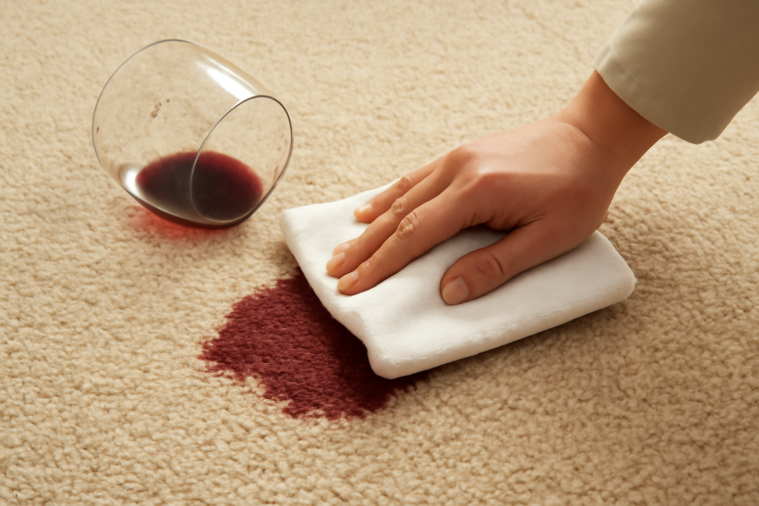 Imagem editorial: Mancha de vinho tinto no carpete de lã: primeiros socorros, passo a passo para manchas frescas e secas e cuidados com a fibra