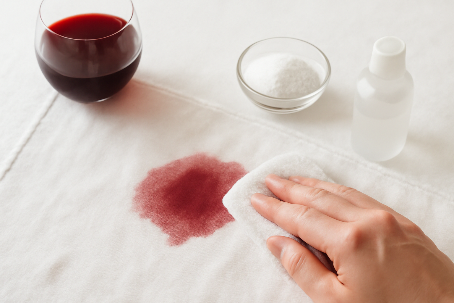 Imagem editorial: Mancha de vinho tinto em algodão branco: primeiros socorros e passo a passo para manchas frescas e secas