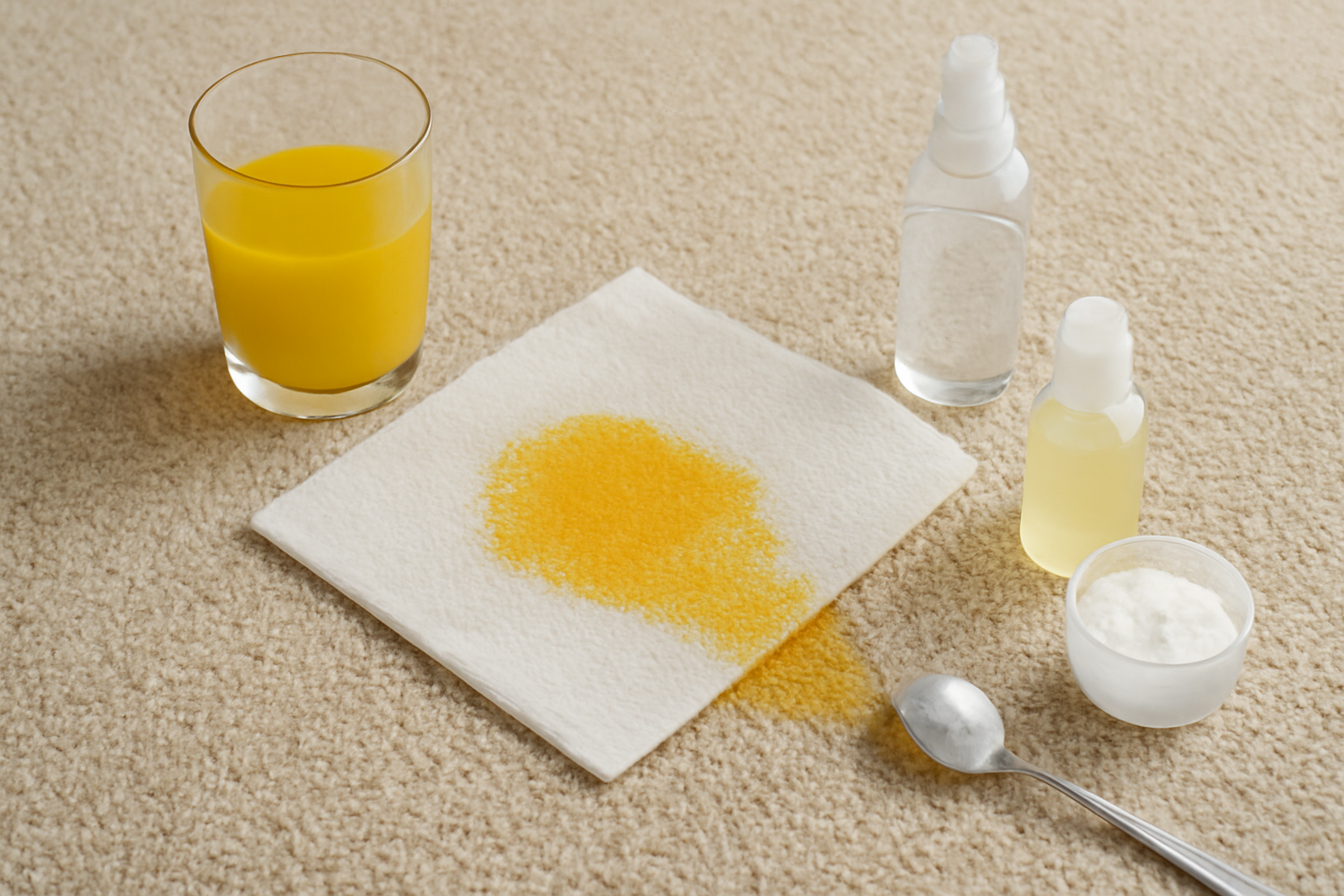 Imagem editorial: Mancha de suco de laranja no carpete de nylon: primeiros socorros e passo a passo