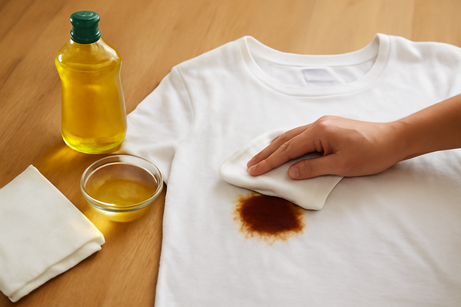Imagen editorial: Cómo quitar una mancha de aceite de cocina de una camiseta de algodón