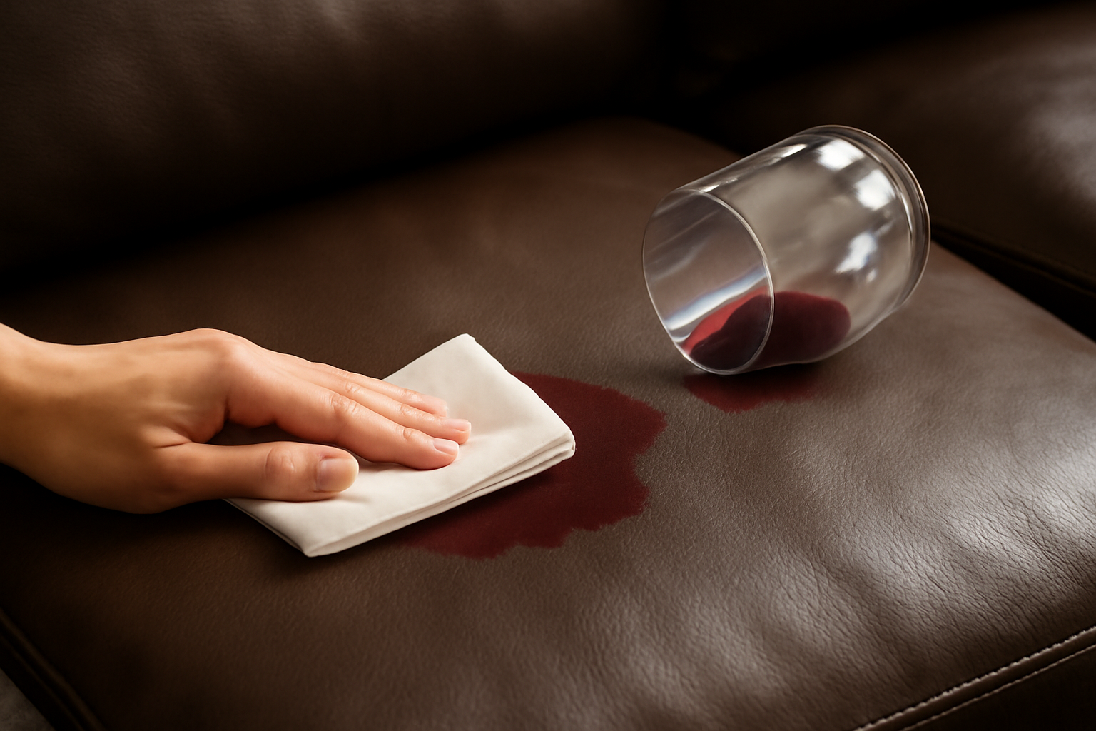 Imagem editorial: Mancha de vinho tinto em sofá de couro: primeiros socorros e passo a passo para manchas frescas e secas