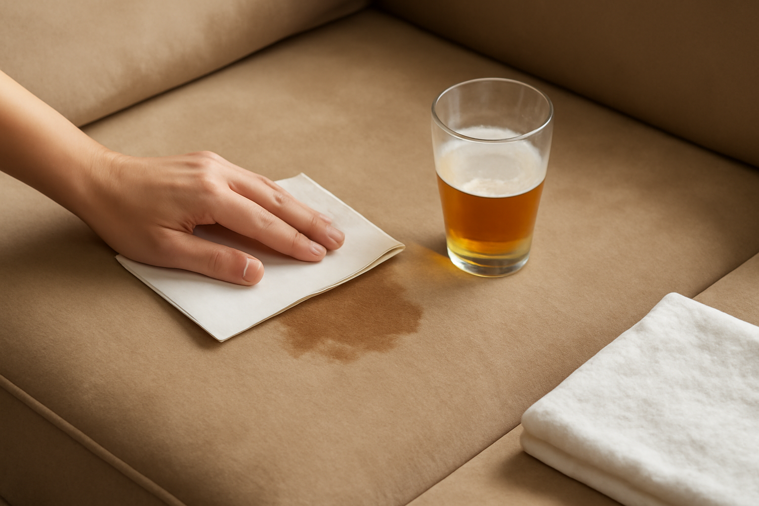 Imagem editorial: Mancha de cerveja no estofado de microfibra: primeiros socorros e passo a passo para manchas frescas e secas