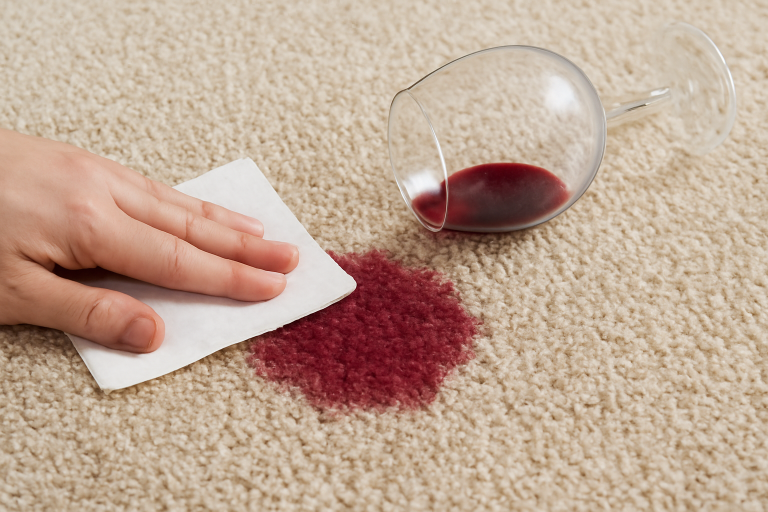Imagem editorial: Mancha de vinho tinto no carpete de lã: primeiros socorros e passo a passo para remover sem danificar a fibra