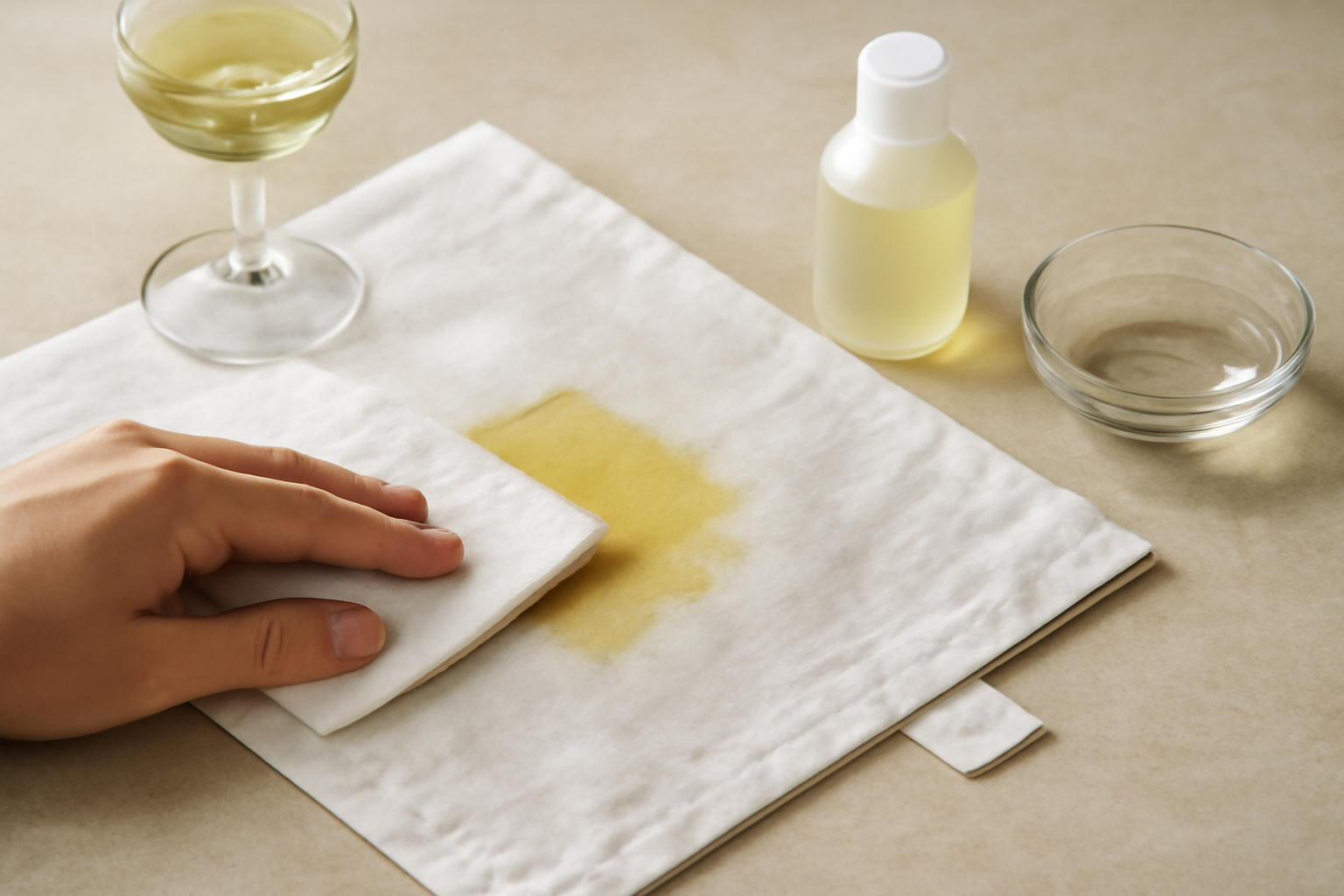 Imagem editorial: Como tirar mancha de vinho branco do linho: primeiros socorros e passo a passo para manchas frescas e secas