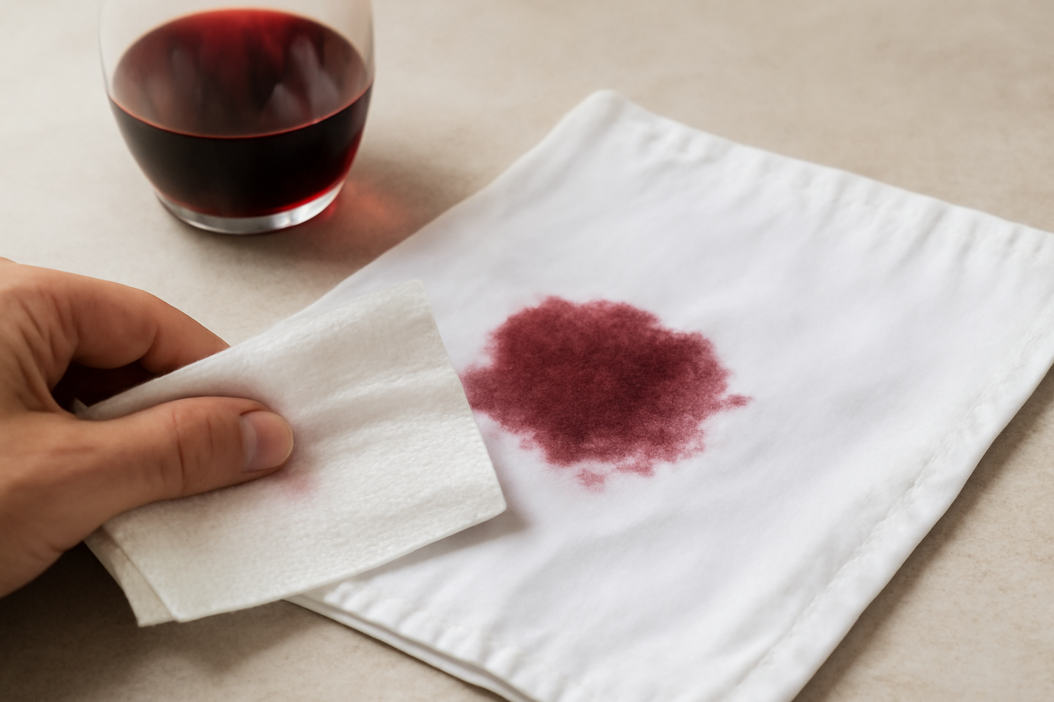 Imagem editorial: Mancha de vinho tinto em algodão branco: primeiros socorros e passo a passo para manchas frescas e secas