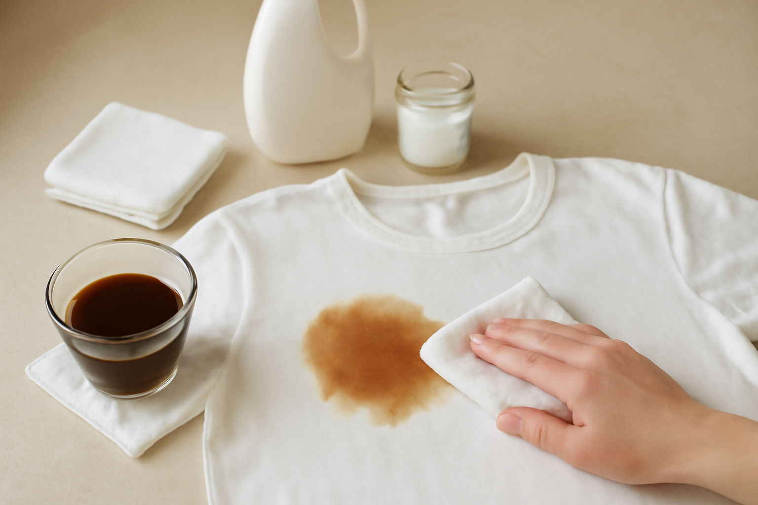 Imagen editorial: Cómo quitar una mancha de café de una camiseta de algodón