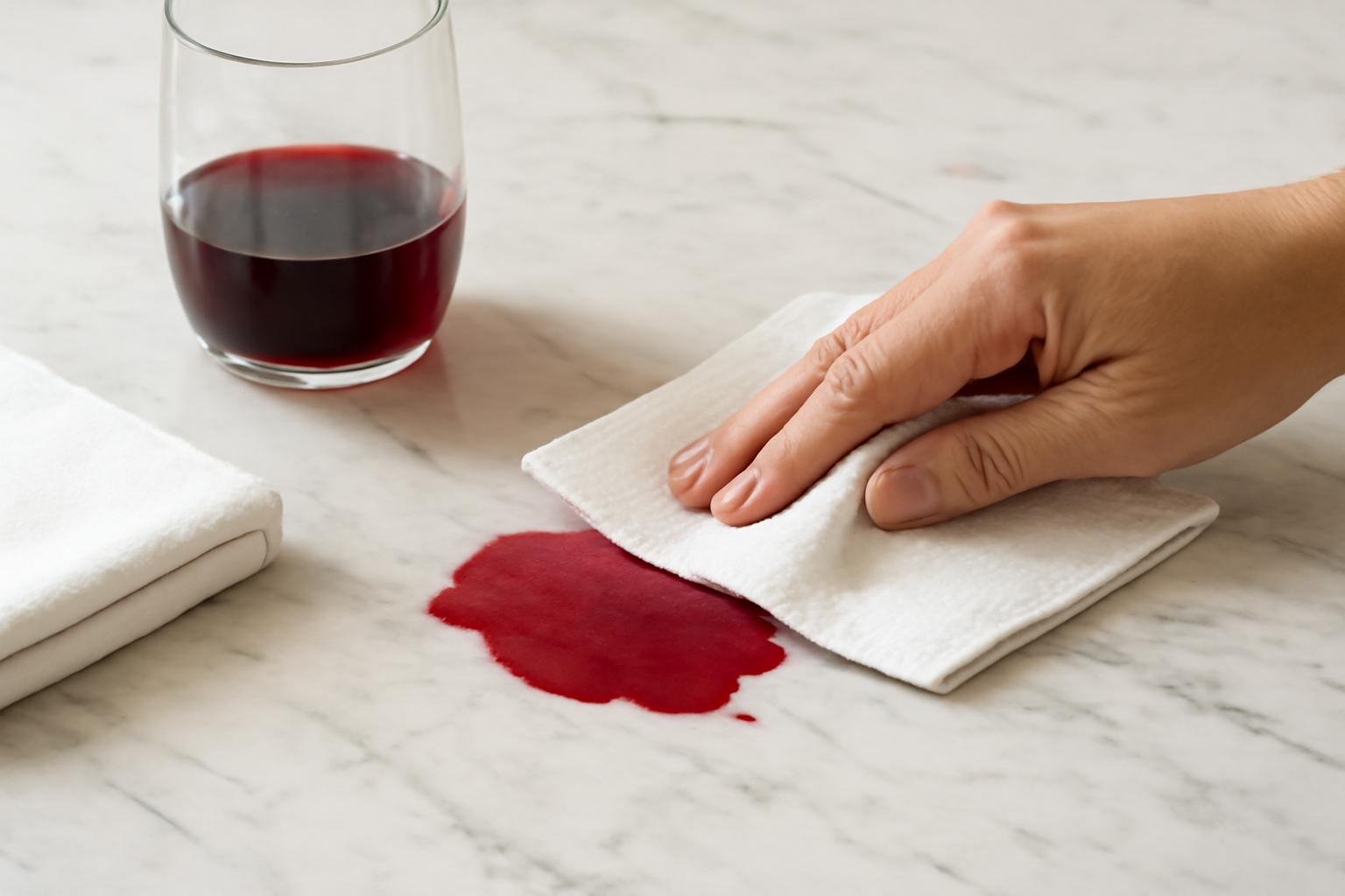 Imagem editorial: Como remover mancha de vinho tinto de bancada de mármore: passo a passo seguro para não danificar a pedra