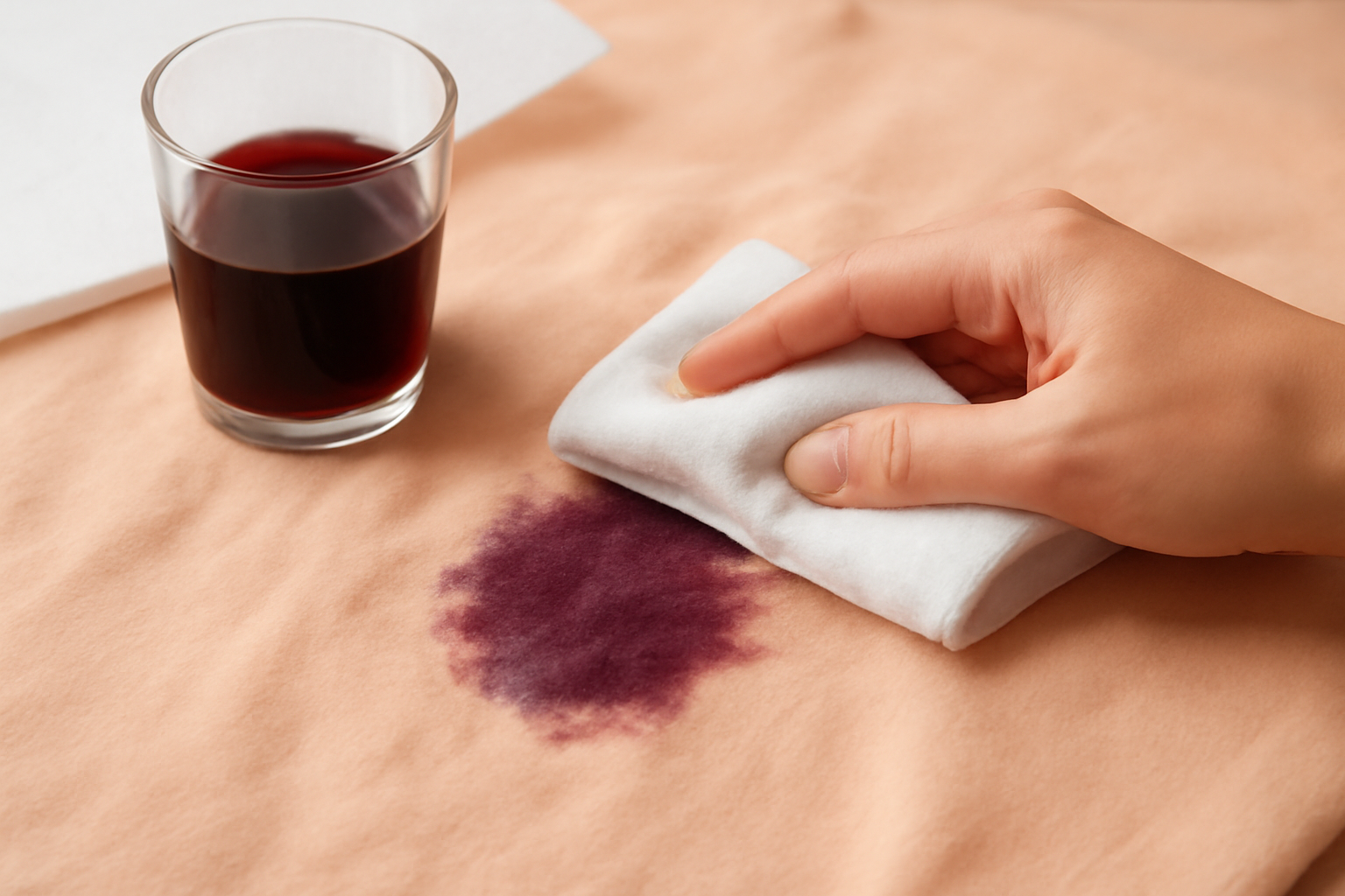 Imagem editorial: Mancha de suco de uva integral no algodão colorido: primeiros socorros e passo a passo para não desbotar a roupa