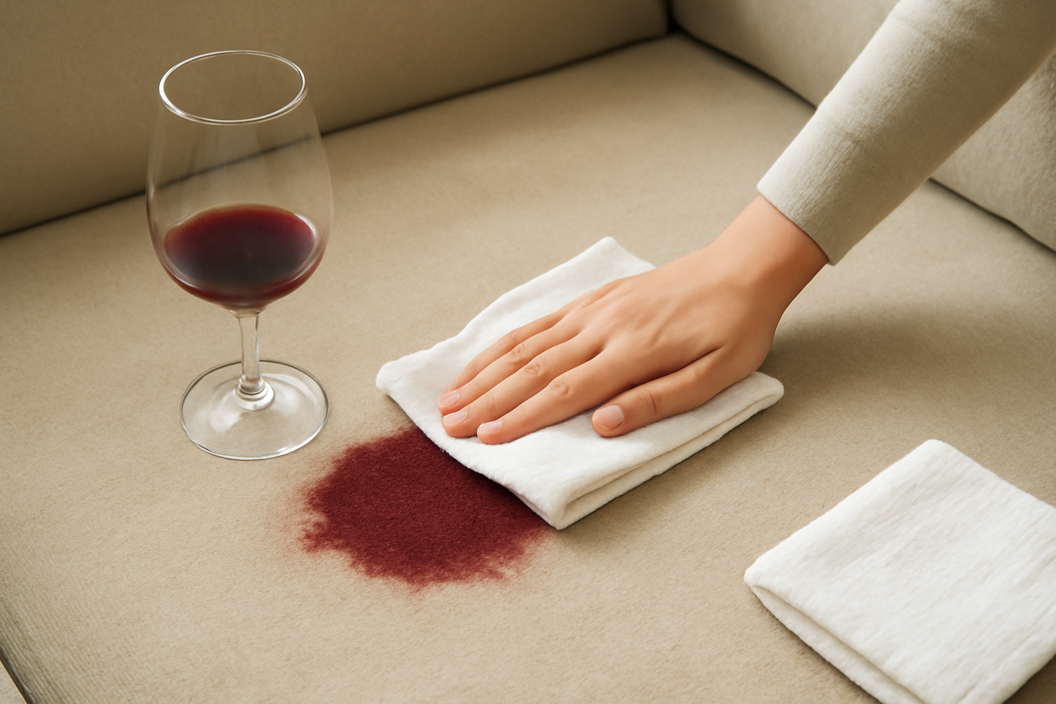 Imagen editorial: Cómo quitar una mancha de vino tinto de un sofá de microfibra sin dañarlo