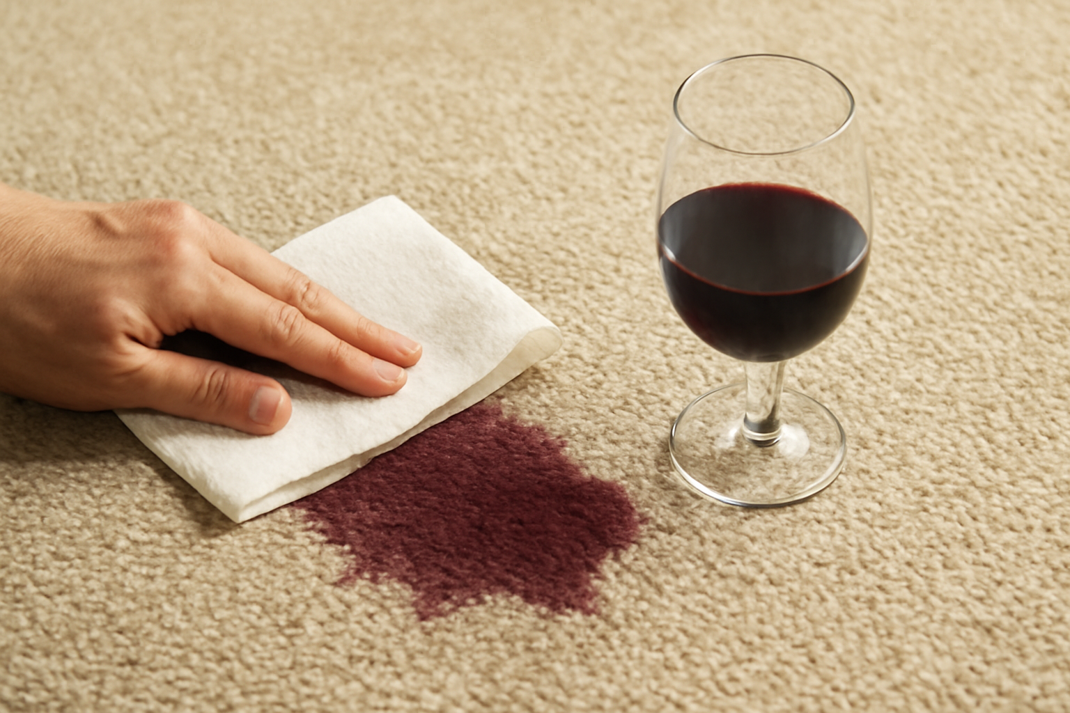 Imagem editorial: Mancha de vinho tinto em carpete de náilon: primeiros socorros e passo a passo para remover sem espalhar