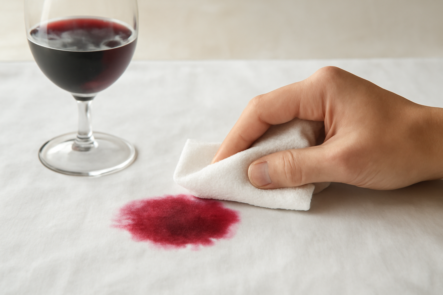 Imagem editorial: Mancha de vinho tinto em algodão branco: primeiros socorros e passo a passo para remover sem manchar