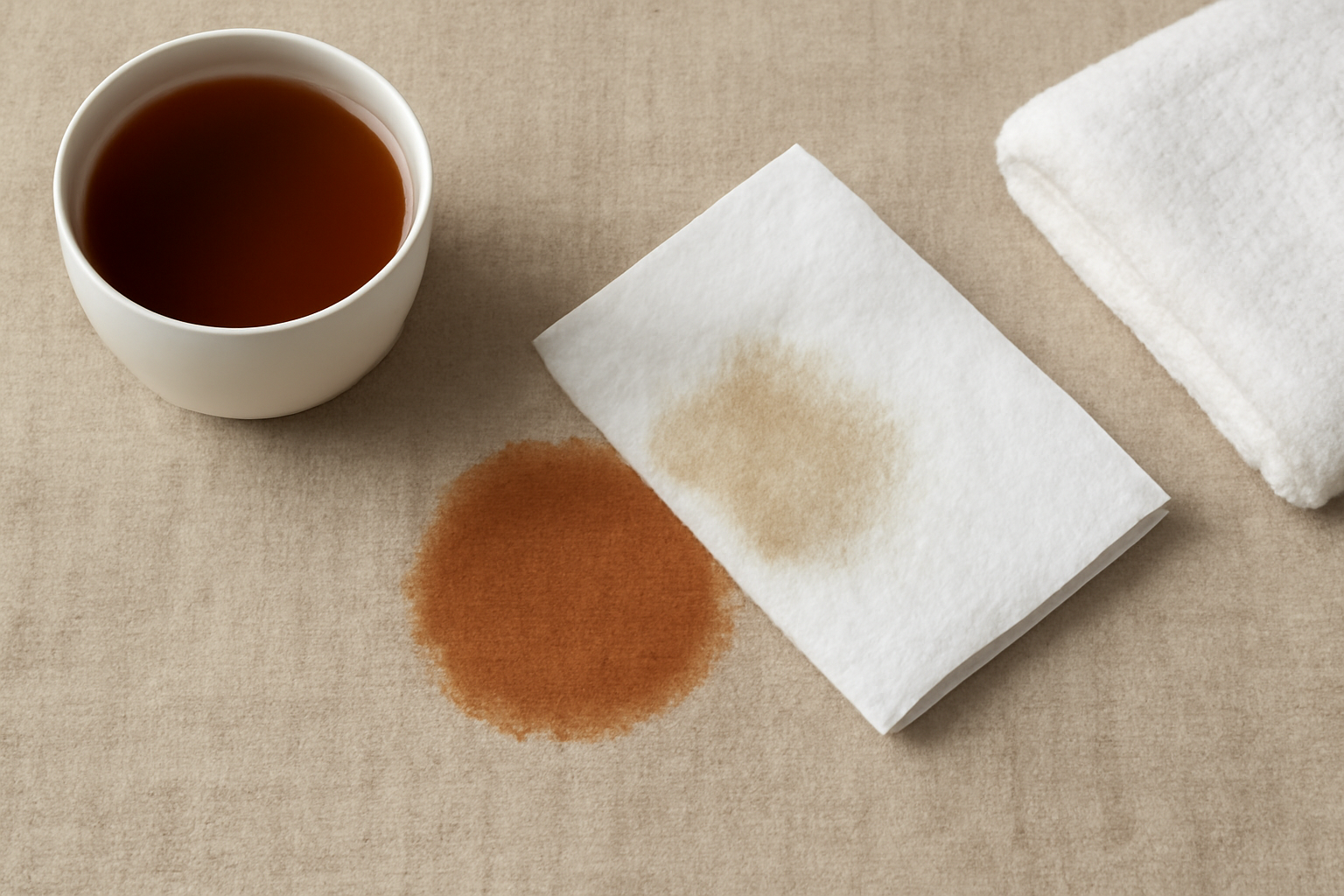 Imagem editorial: Mancha de chá em linho: primeiros socorros e passo a passo para mancha fresca e seca