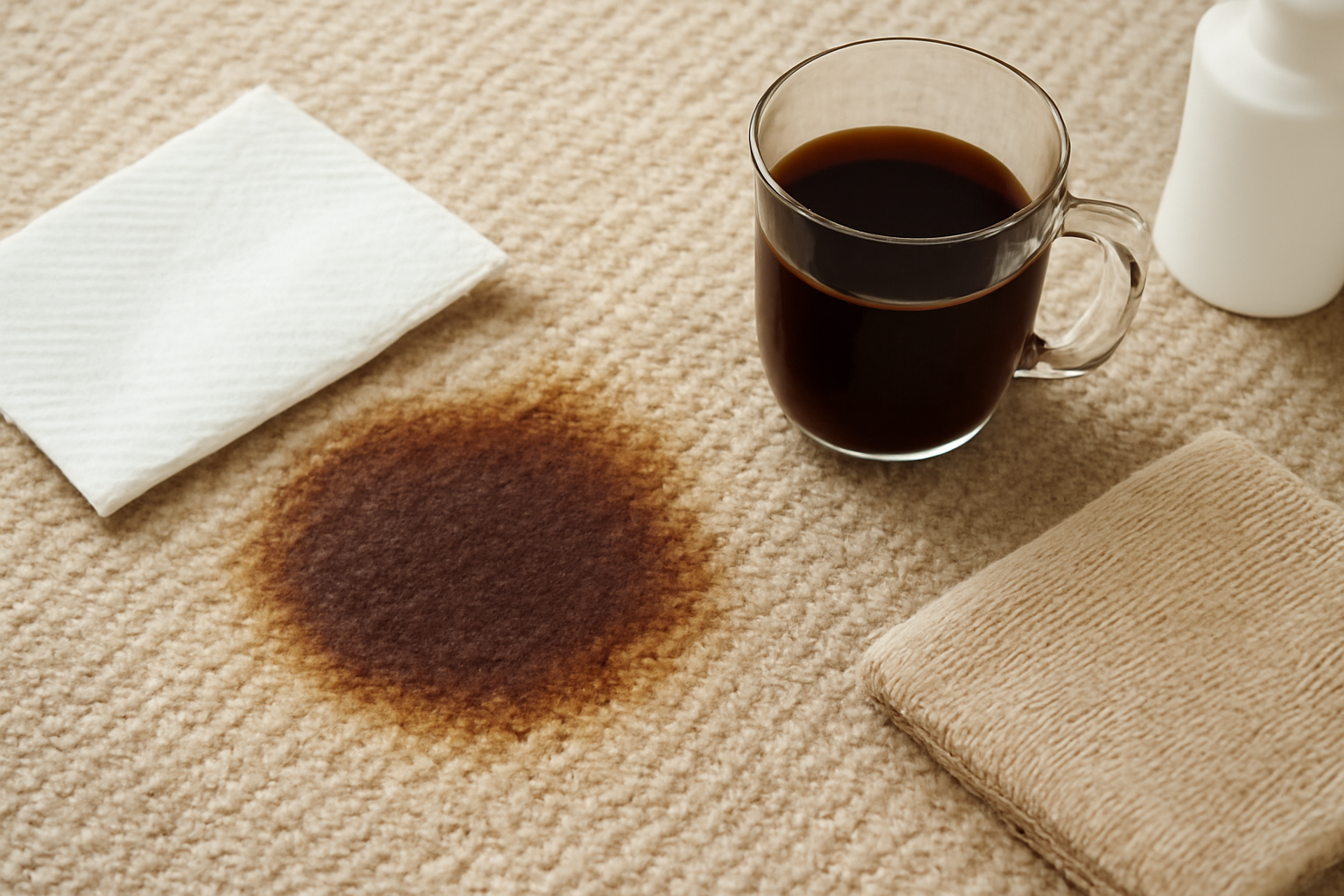 Imagem editorial: Mancha de café em carpete de lã: ação imediata e métodos para mancha fresca e seca