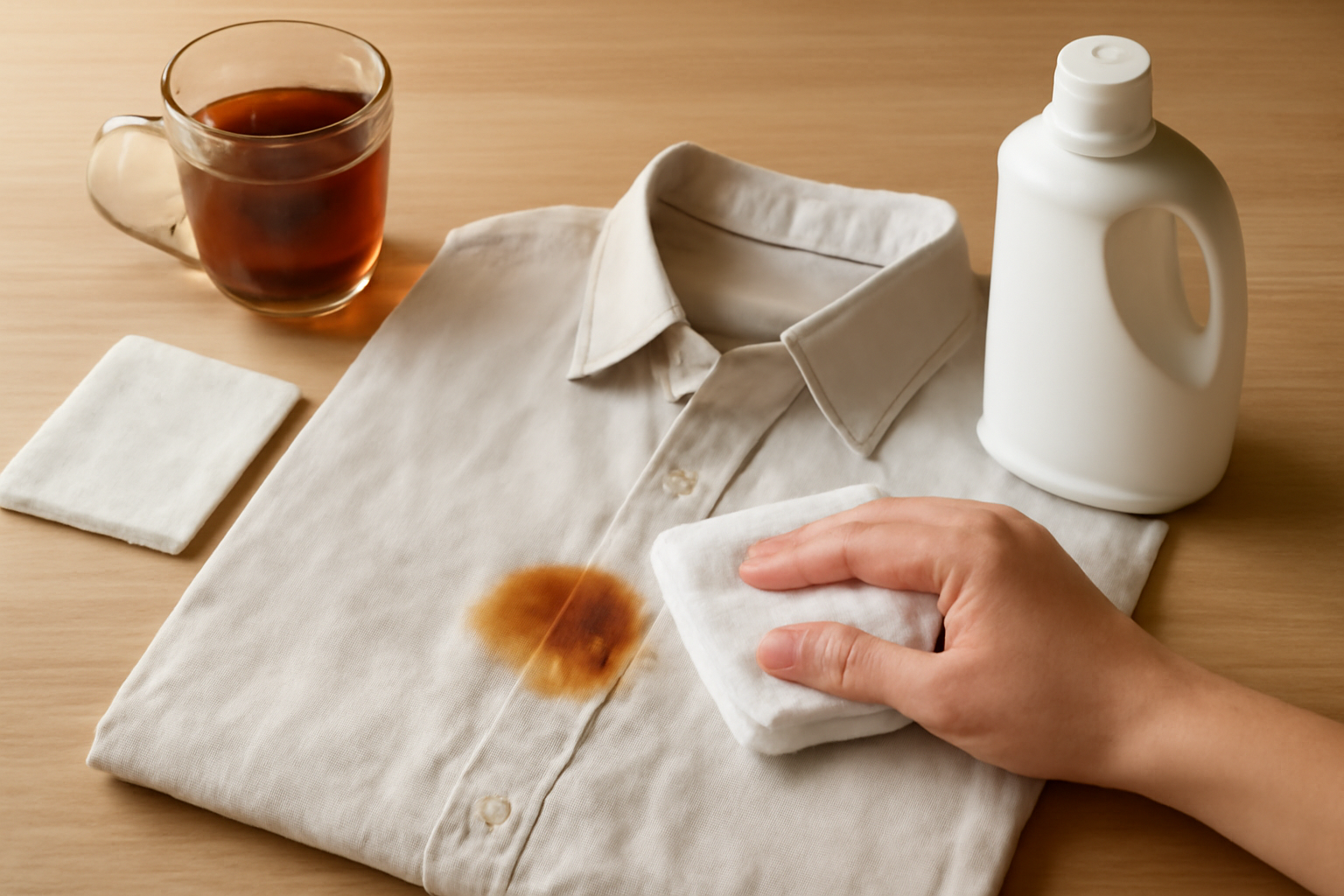 Imagen editorial: Cómo quitar una mancha de té negro de una camisa de algodón: pasos para manchas frescas y secas