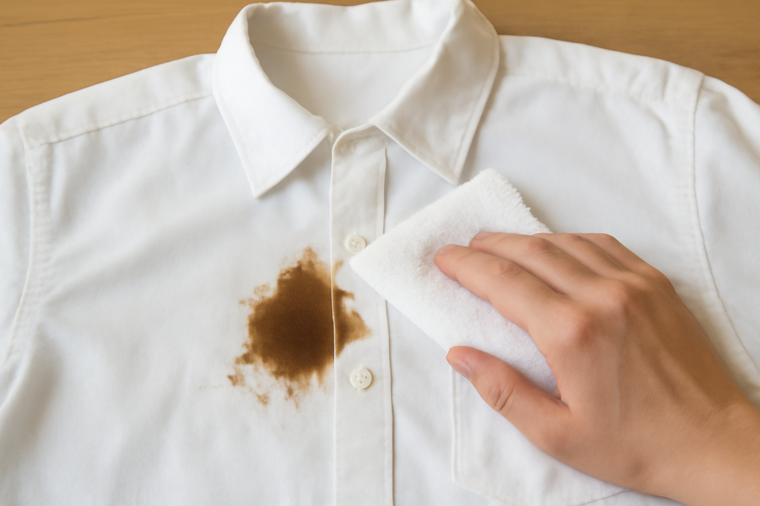 Imagen editorial: Cómo quitar una mancha de café negro de una camisa de algodón blanco: pasos para manchas frescas y secas