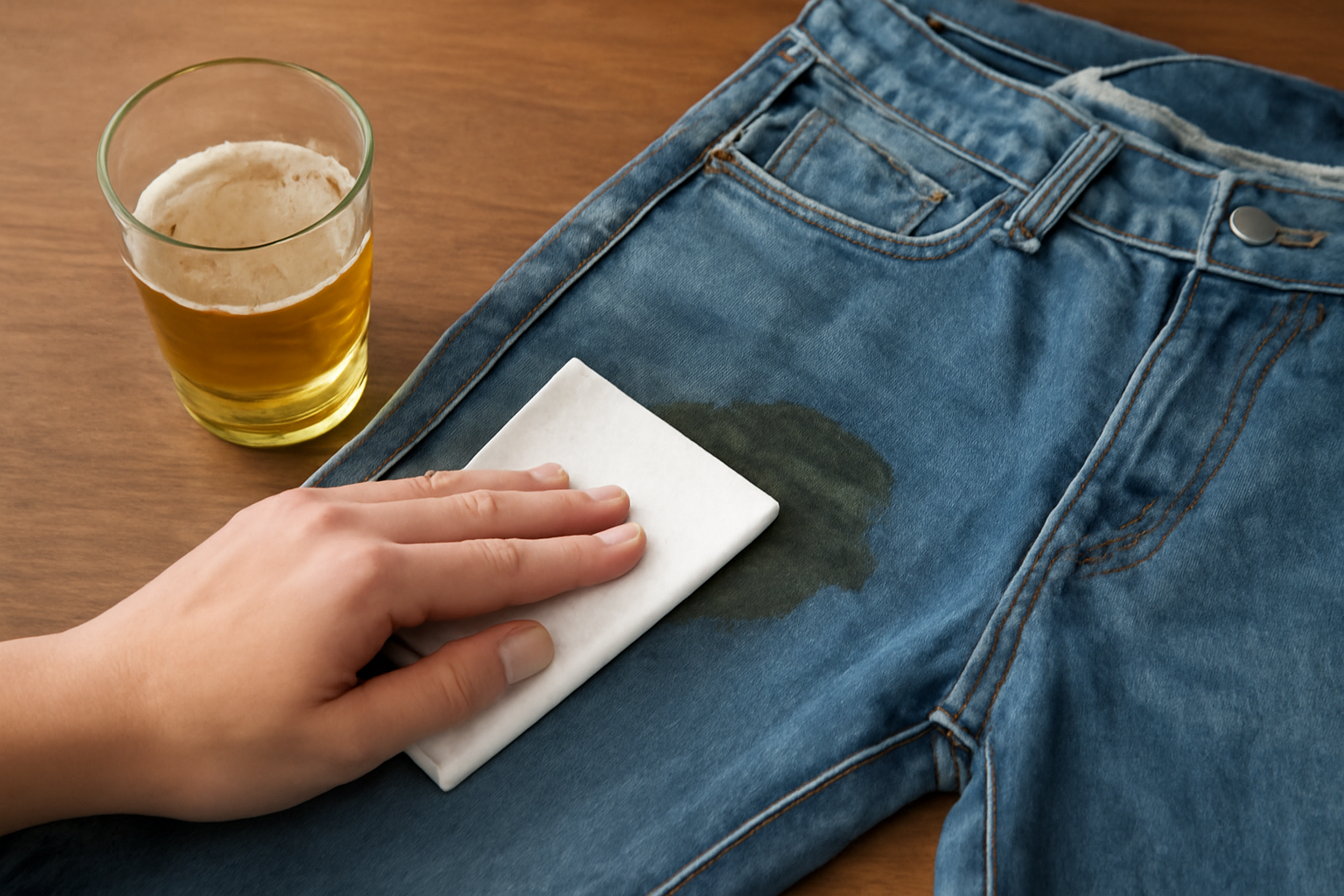 Imagem editorial: Mancha de cerveja em jeans: primeiros socorros e passo a passo para remover sem danificar o tecido