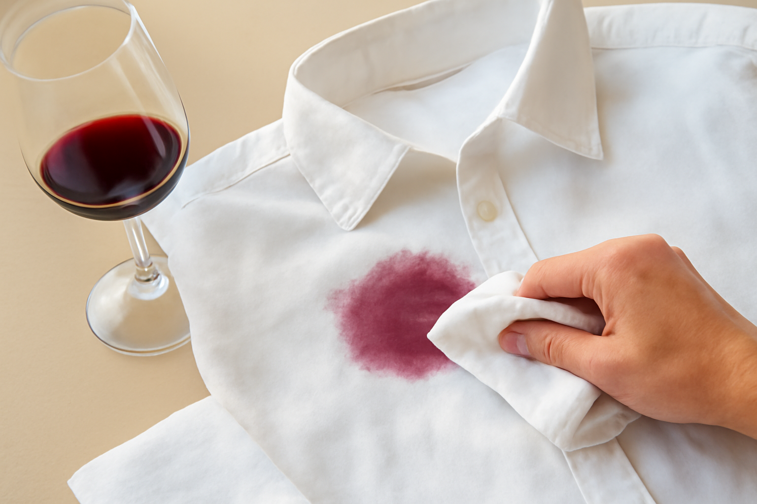 Imagen editorial: Cómo quitar una mancha de vino tinto de una camisa de algodón blanco: pasos para manchas frescas y secas