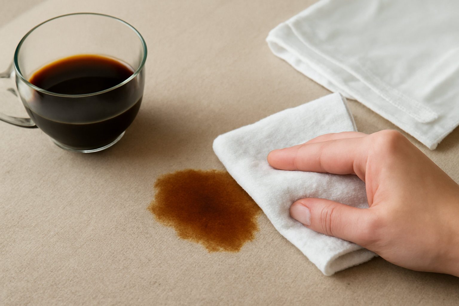 Imagem editorial: Mancha de café em poliéster: primeiros socorros e remoção passo a passo para tecido sintético