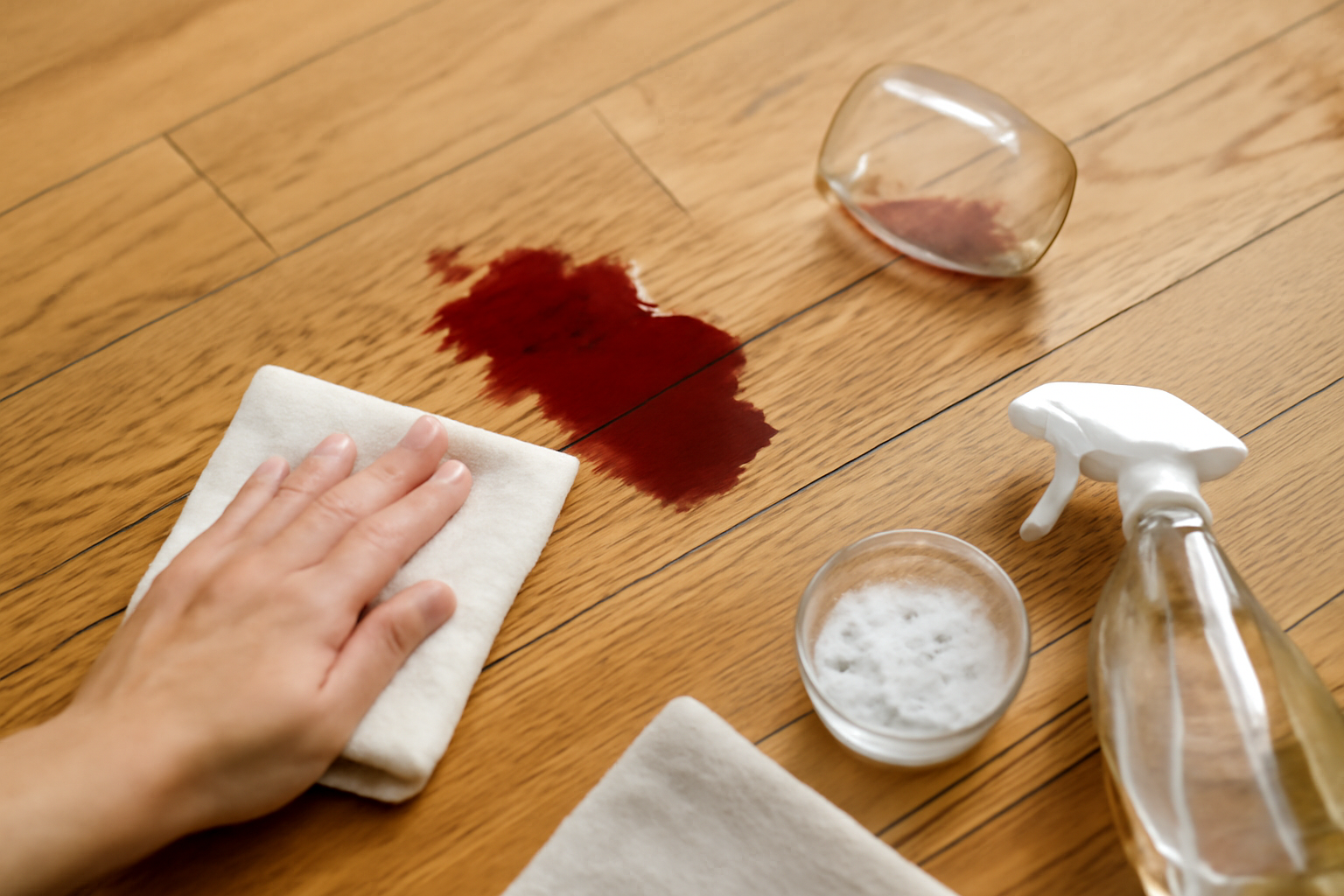 Remove Red Wine from a Hardwood Floor: Fresh and Dried Stain Steps on Finished Wood illustration