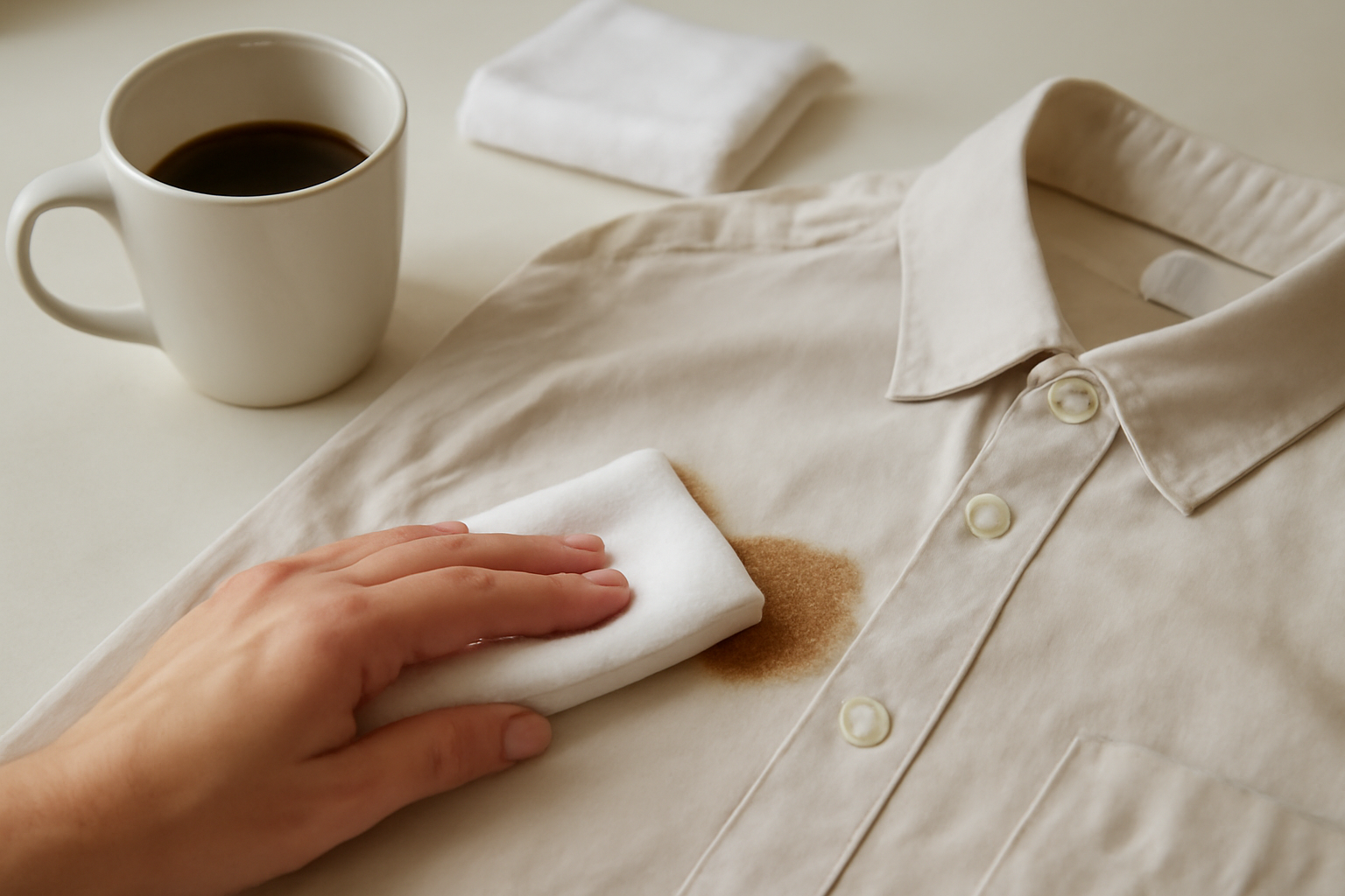 Imagen editorial: Cómo quitar una mancha de café negro de una camisa de algodón de color: pasos para manchas frescas y secas