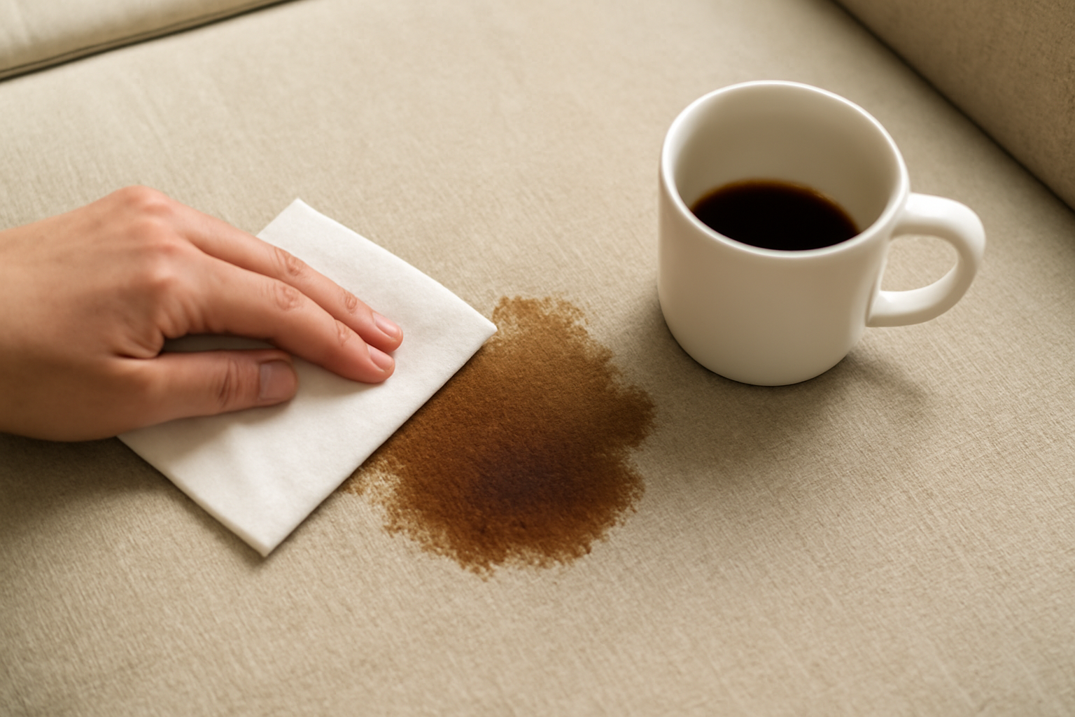 Imagem editorial: Mancha de café em estofado de algodão: primeiros socorros e remoção para tecido de sofá