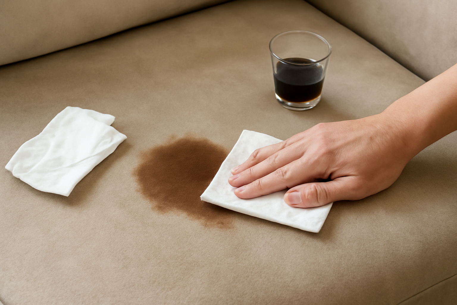 Imagem editorial: Mancha de café em sofá de microfibra: ação imediata e remoção para tecido sintético