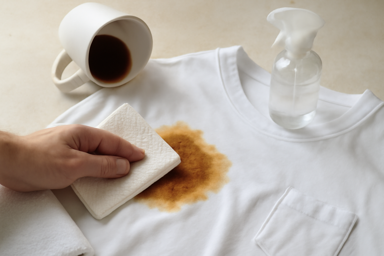 Imagem editorial: Mancha de café em algodão branco: como tirar mancha de café de roupa de algodão branca