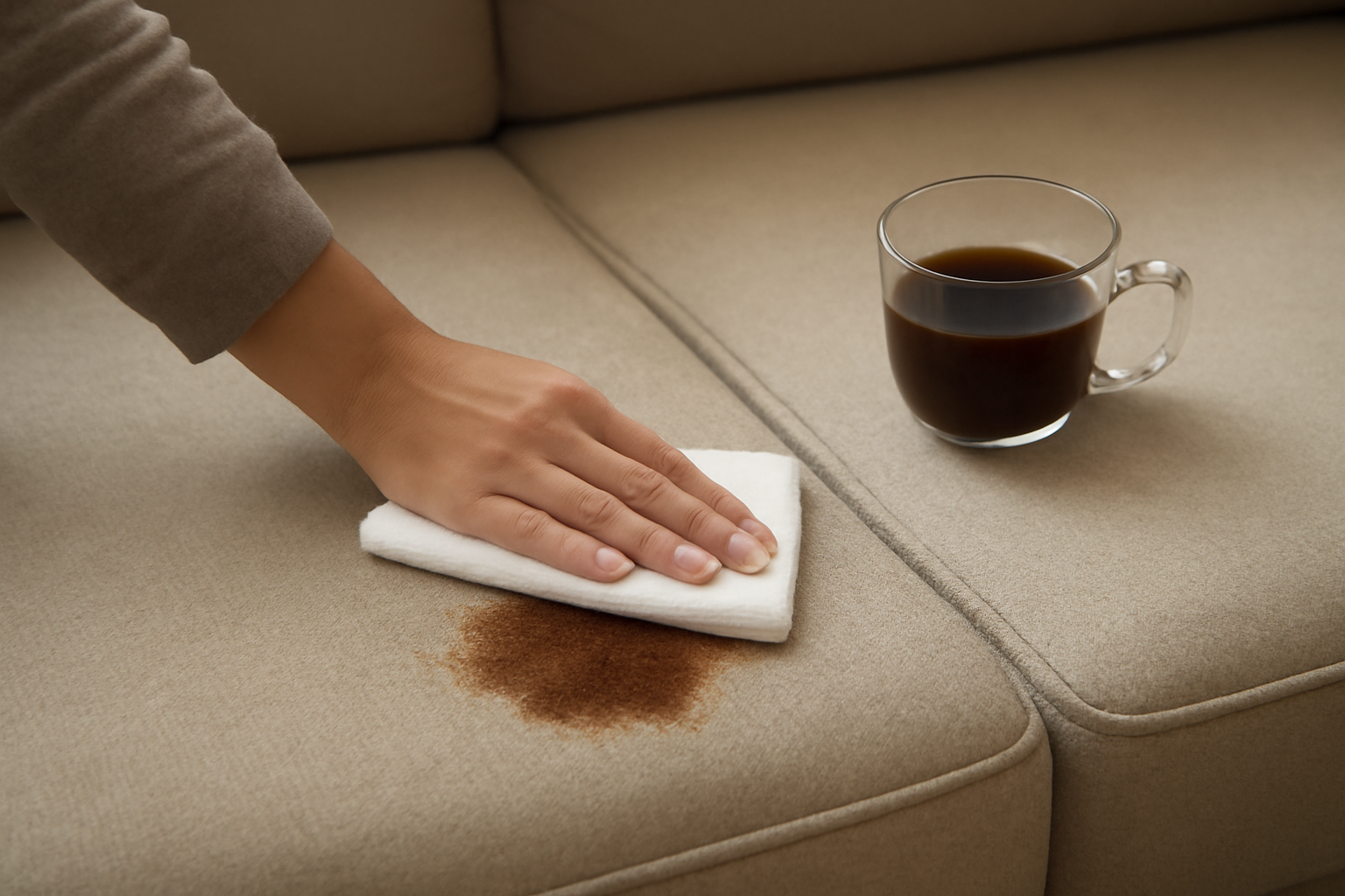 Imagen editorial: Cómo quitar una mancha de café de un sofá de tela: pasos para manchas frescas y secas