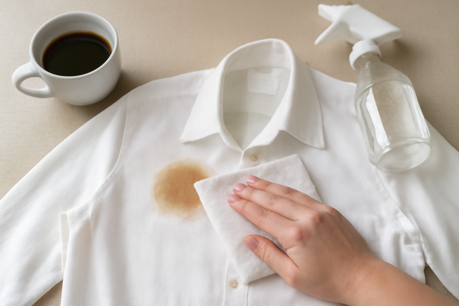 Imagen editorial: Cómo quitar una mancha de café de una camisa blanca de algodón: pasos para manchas frescas y secas