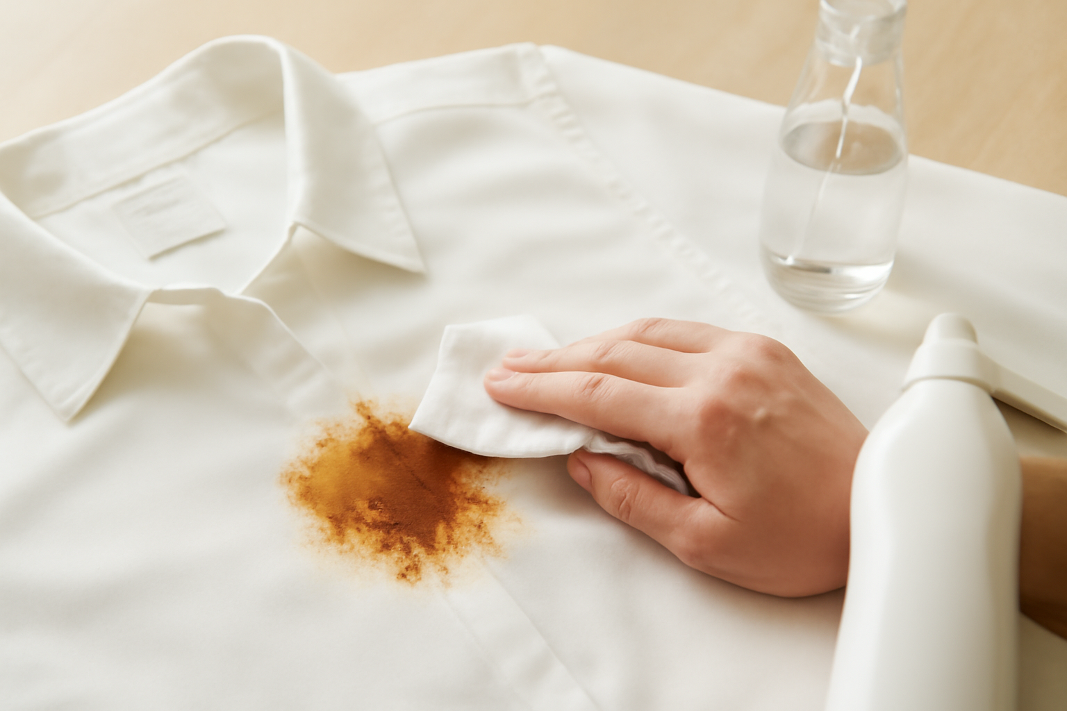 Imagen editorial: Cómo quitar una mancha de café de una camisa de poliéster: métodos para manchas frescas y secas