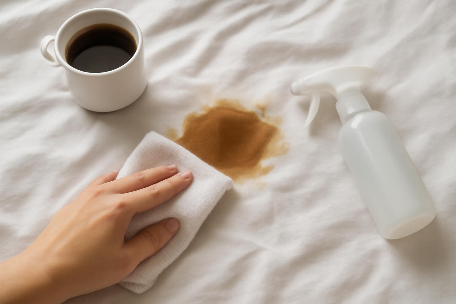 Imagen editorial: Cómo quitar una mancha de café de una sábana de algodón blanco: pasos para manchas frescas y secas