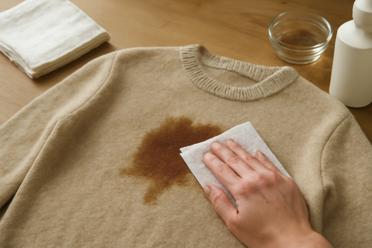 Imagen editorial: Cómo quitar una mancha de café de un suéter de lana: pasos para manchas frescas y secas