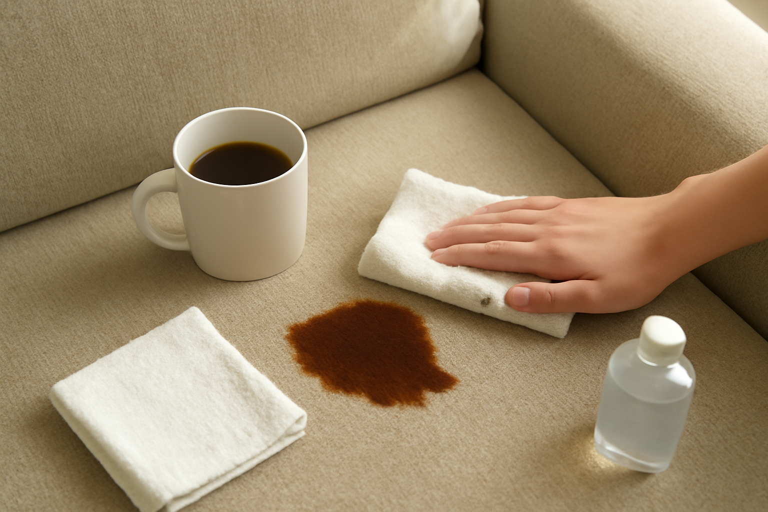 Imagen editorial: Cómo quitar una mancha de café de una tapicería de tela sintética: pasos para manchas frescas y secas