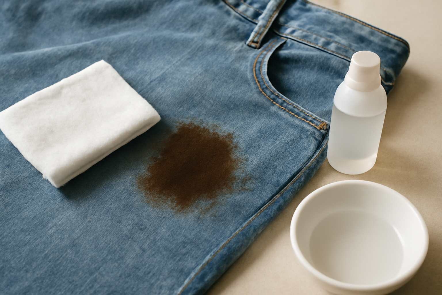 Imagem editorial: Mancha de café em jeans: primeiros socorros, passo a passo e erros que estragam o denim