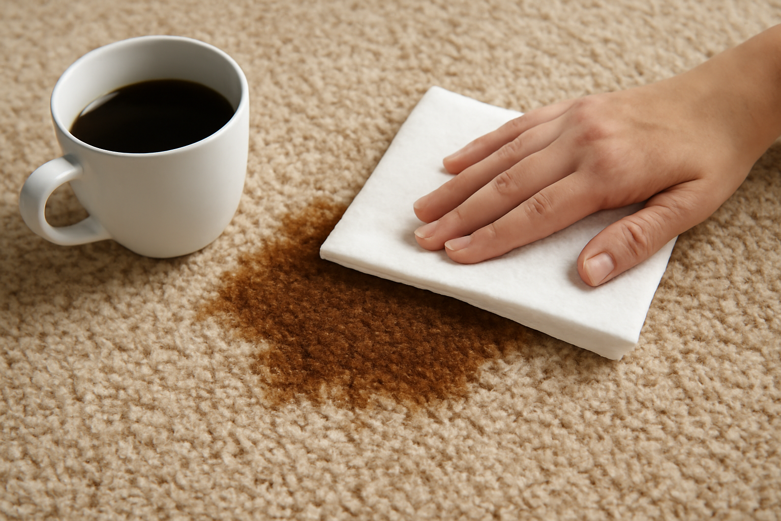 Imagem editorial: Mancha de café em carpete sintético: ação imediata, remoção para mancha fresca e seca e erros que fixam