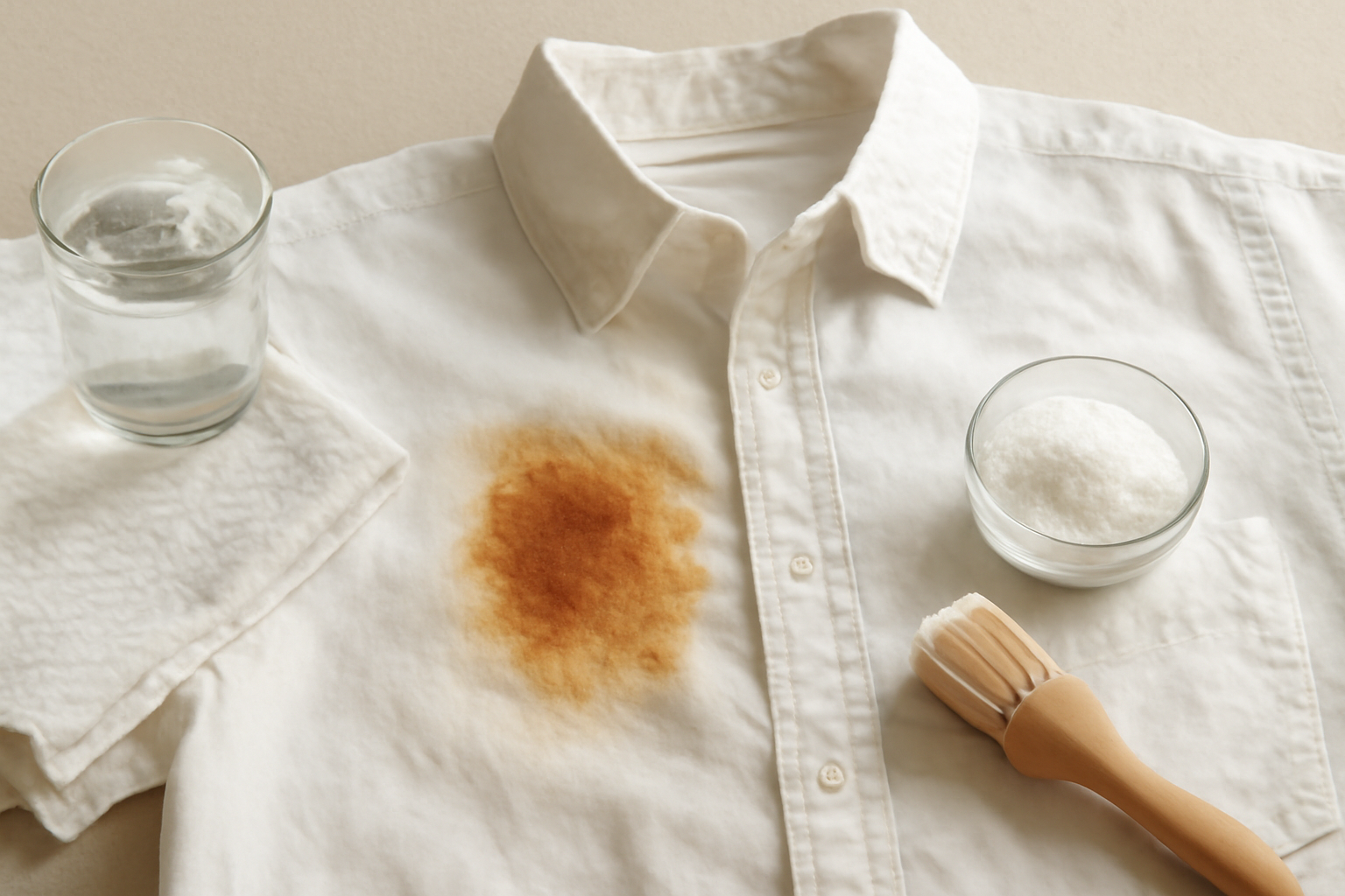 Imagen editorial: Cómo quitar una mancha de óxido de una camisa de algodón blanco: métodos seguros y qué evitar