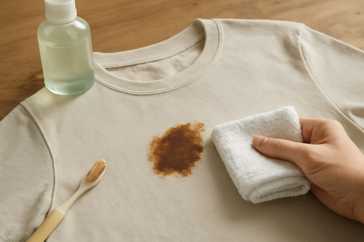 Imagem editorial: Mancha de óleo de cozinha em camiseta de algodão: como tirar gordura de roupa