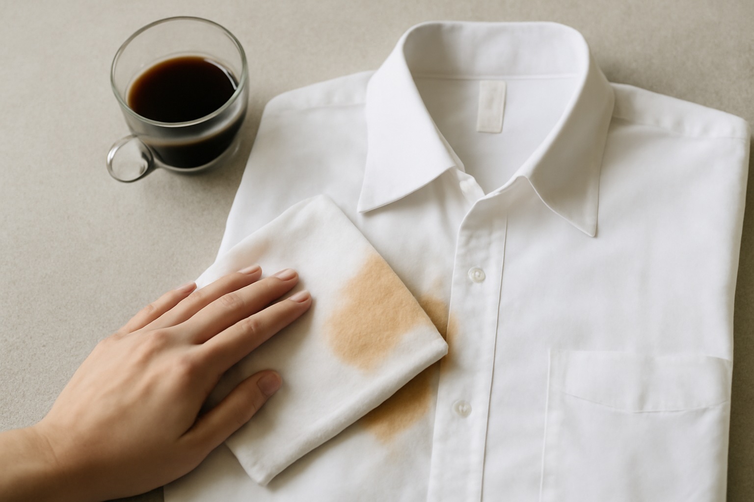 Imagem editorial: Mancha de café em camisa de algodão: como tirar café fresco e seco da roupa