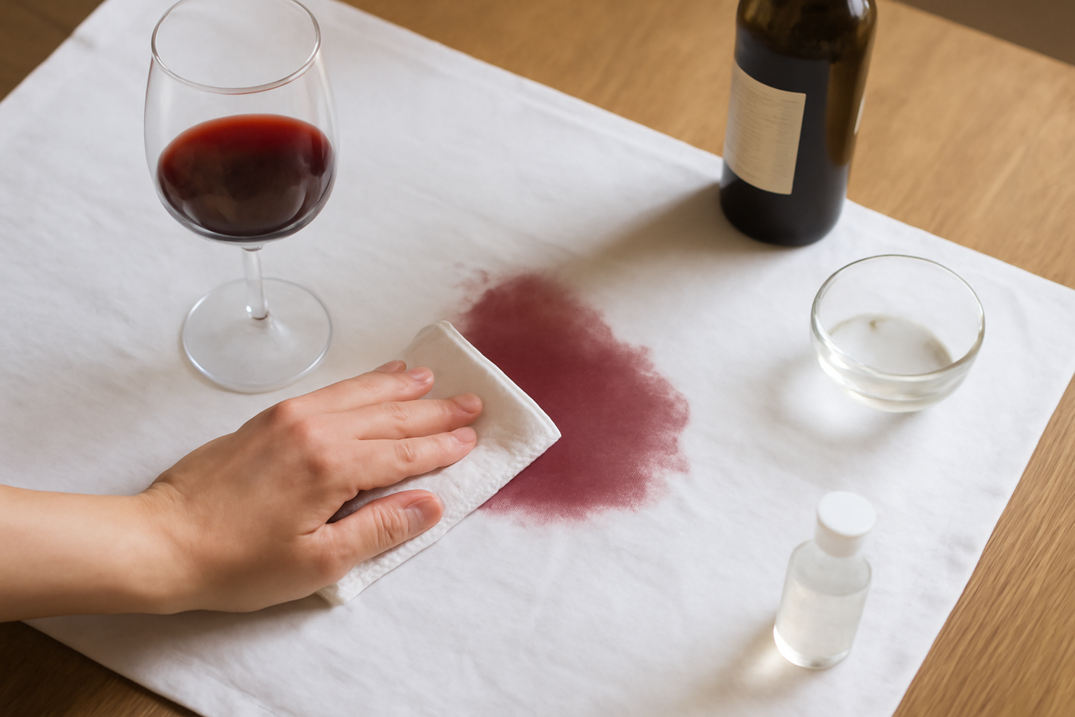 Redactionele afbeelding: Rode wijnvlek uit een wit katoenen tafelkleed: zo krijg je hem eruit (vers en ingedroogd)