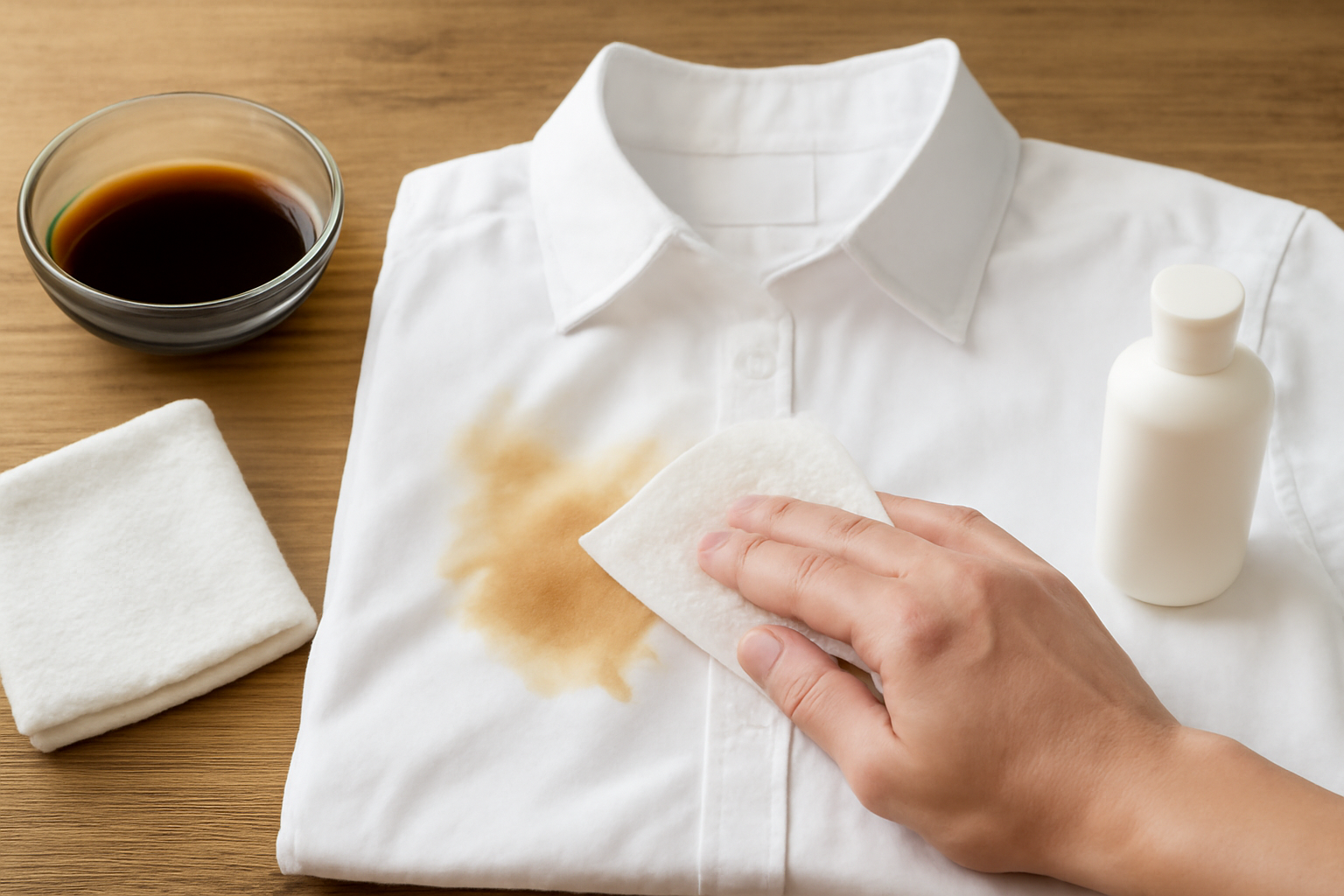 Redactionele afbeelding: Koffievlek uit een witte katoenen blouse: zo krijg je hem eruit (vers en ingedroogd)