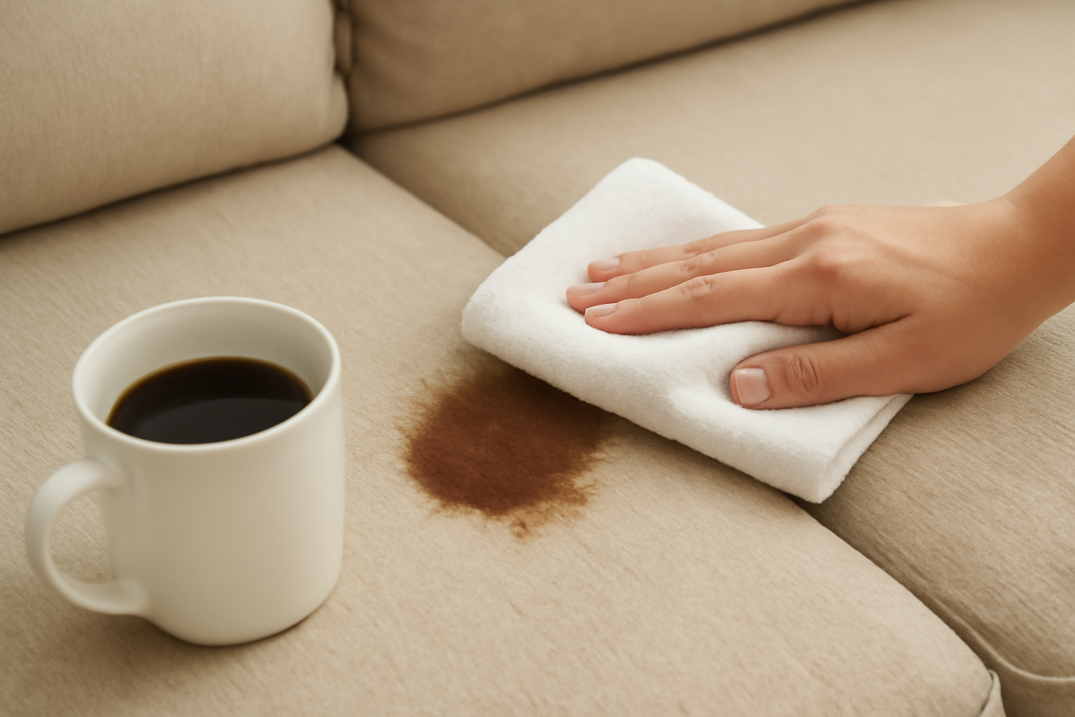 Imagen editorial: Cómo quitar una mancha de café de un sofá de tela: guía para manchas frescas y secas