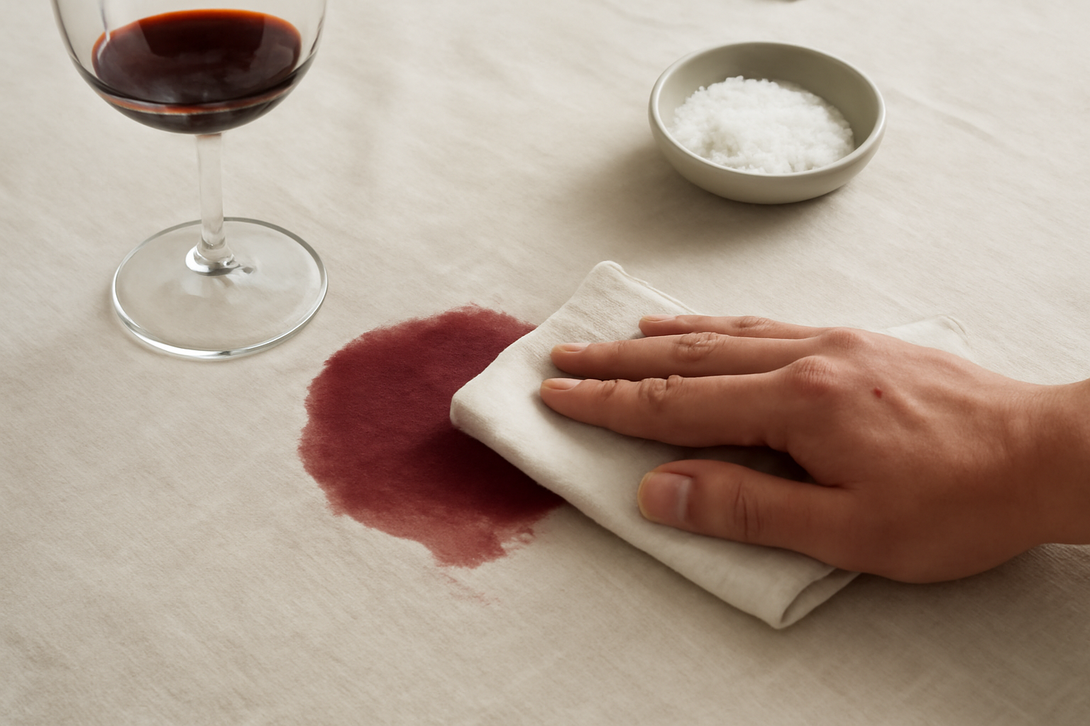 Imagem editorial: Mancha de vinho tinto em toalha de mesa de linho: como tirar mancha fresca e seca