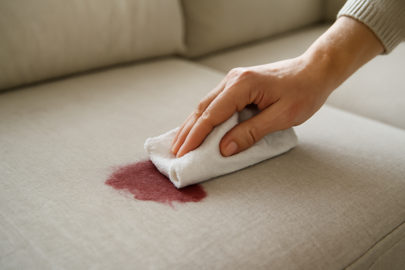 Imagem editorial: Como tirar mancha de vinho tinto de sofá de tecido: guia para mancha fresca e seca