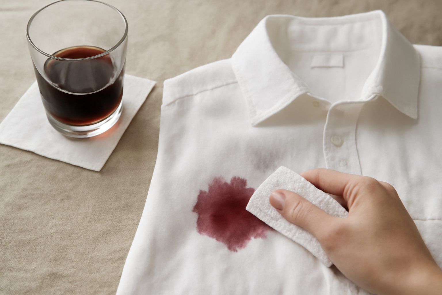 Imagen editorial: Cómo quitar una mancha de vino tinto de una camisa blanca de algodón: métodos para manchas frescas y secas
