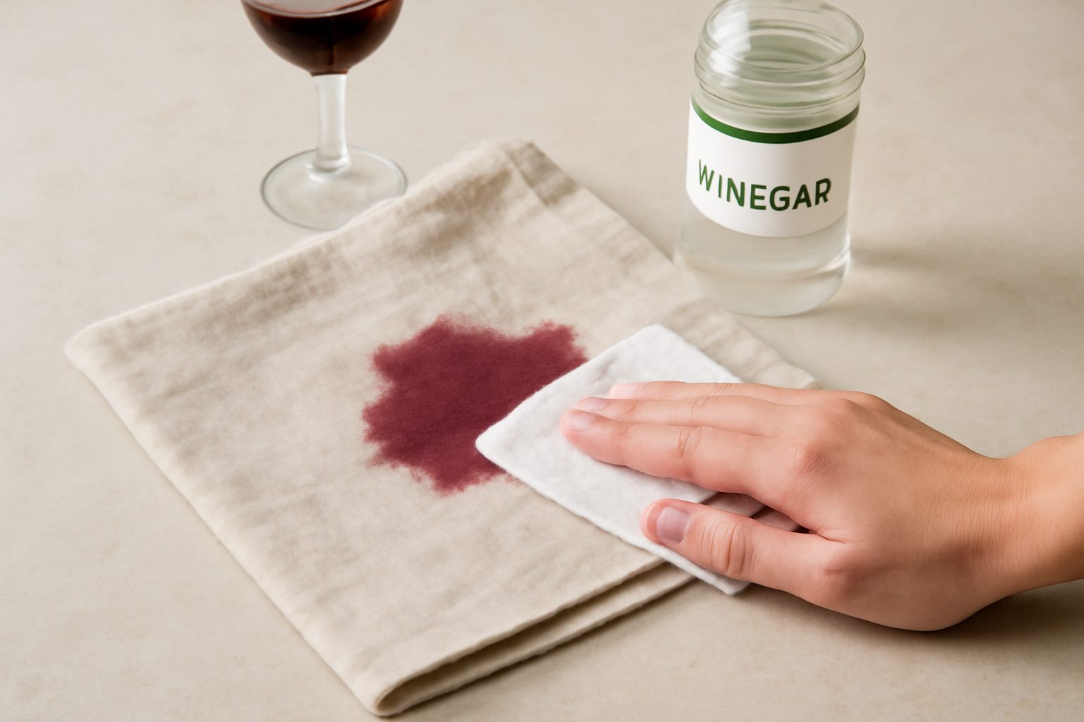 Imagem editorial: Como tirar mancha de vinho tinto de guardanapo de linho: guia para mancha fresca e seca