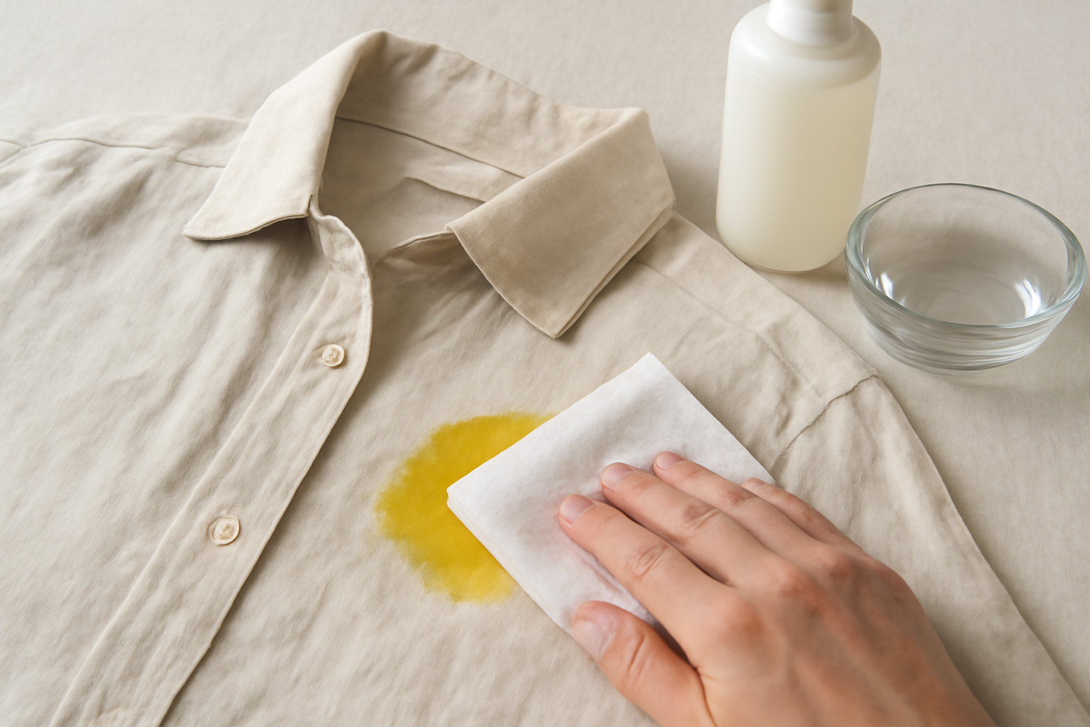 Imagen editorial: Cómo quitar una mancha de aceite de oliva de una camisa de lino: guía para manchas frescas y secas